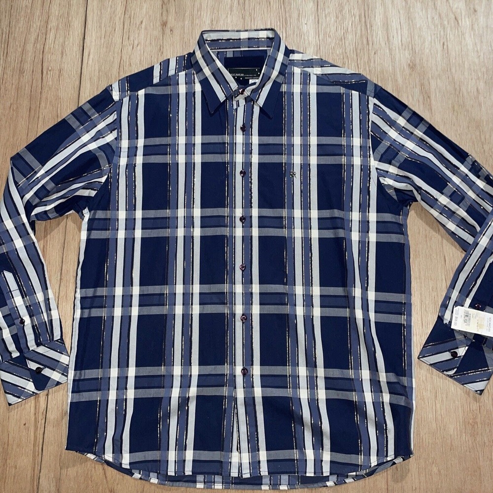 RocaWear Classic Shirt Mens Lg Blue Red Plaid Gold Stitching Button Long Sleeve‎